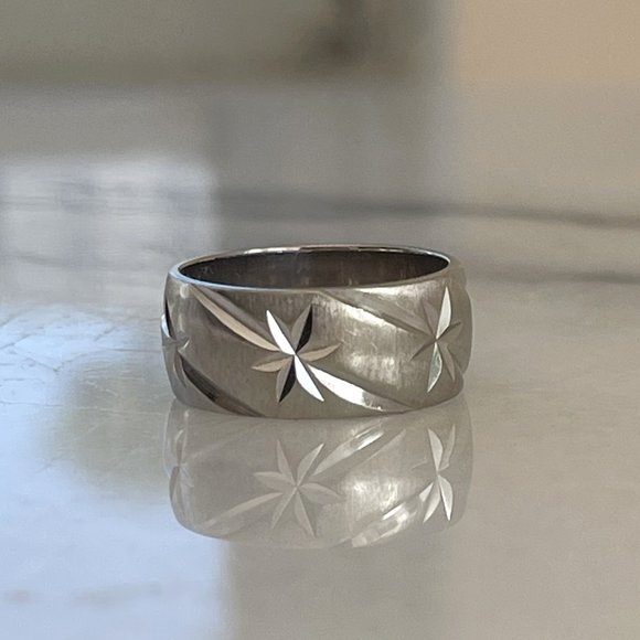 Vintage Solid 14K White Gold Celestial Star Wedding Stacking Cigar Band Ring 585 - Picture 5 of 11